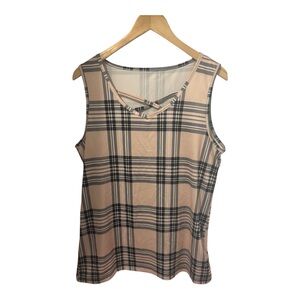 Women’s Sleeveless Top Criscross Neck Size Large Tan Black Plaid